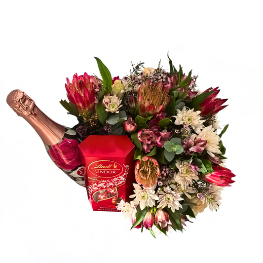 Celebrate in Style – Boxed Arrangement with Chrysanthemums, Roses & Treats - Jihaans Flower Emporium