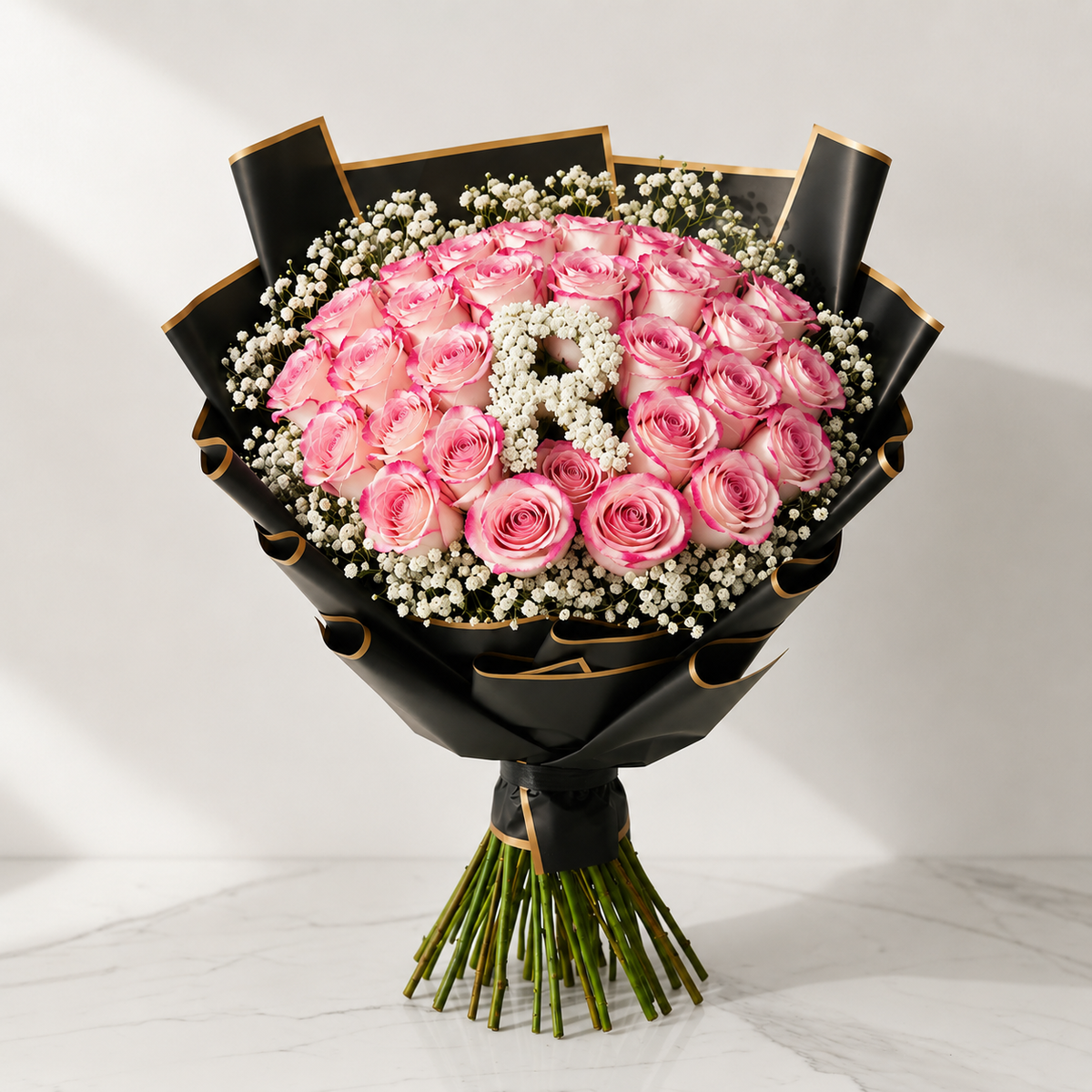 30-Stem Roses with Baby's Breath, Colour of Your Choice & One Letter