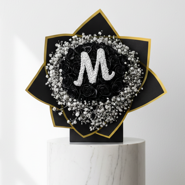 Black roses and silver baby's breath flower bouquet with a single letter card, arranged with elegant stems and greenery.
