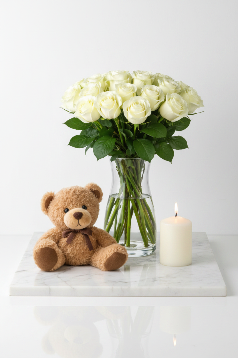 "Jihaans Flower Emporium 'In Our Thoughts' set featuring a bouquet of mixed flowers in a decorative arrangement."