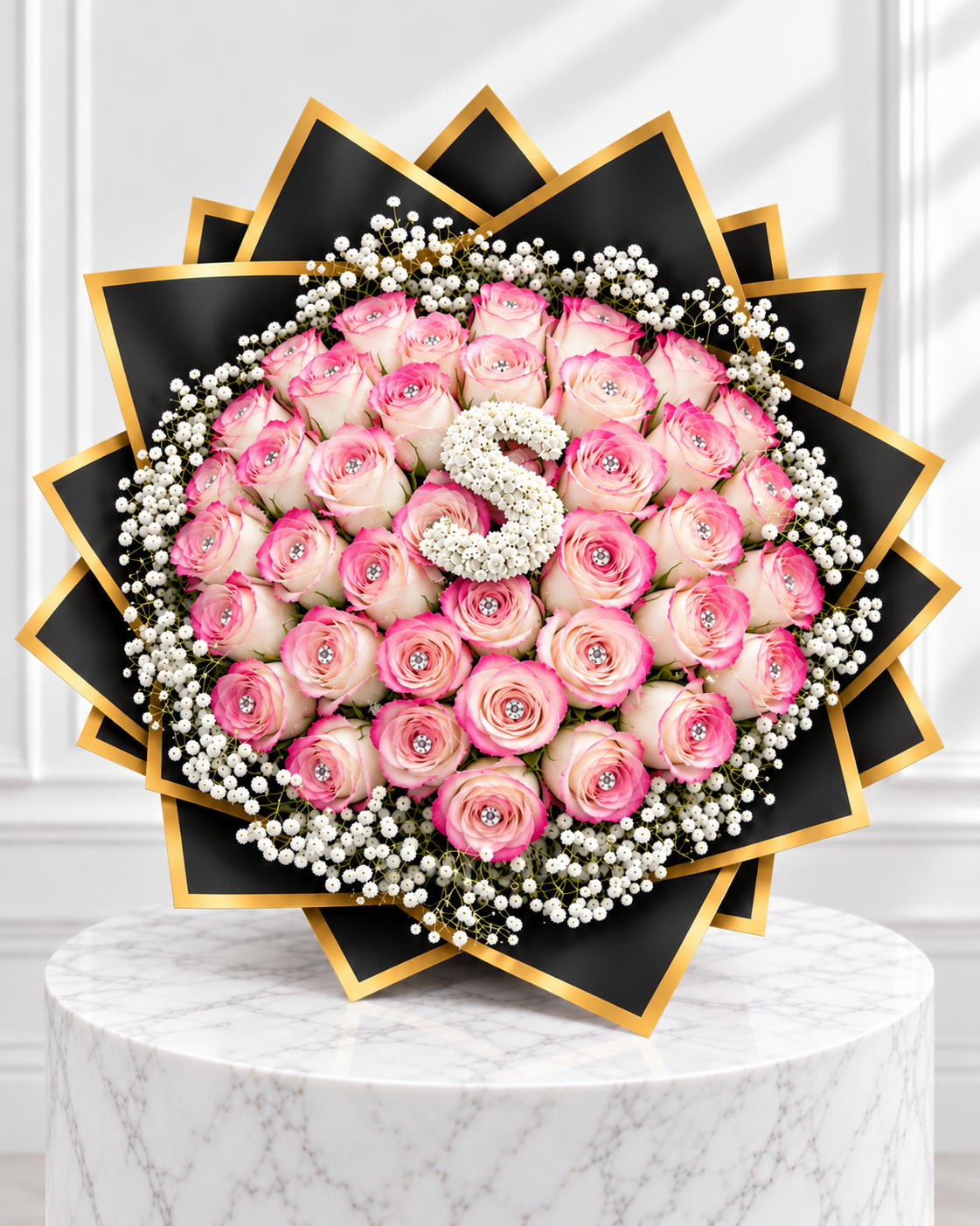 50-Stem Roses with Baby's Breath & Diamonds, Colour of Your Choice & One Letter