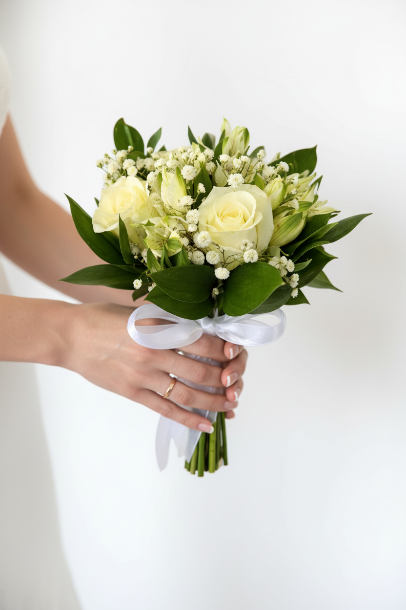 White floral fairy garden bouquet featuring delicate white flowers and greenery, perfect for fairy garden decor.