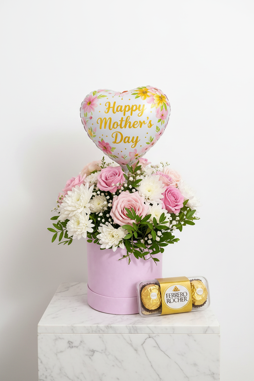 Colorful floral arrangement in the Petal Perfection Mother’s Day Box from Jihaans Flower Emporium, featuring vibrant blossoms and greenery.