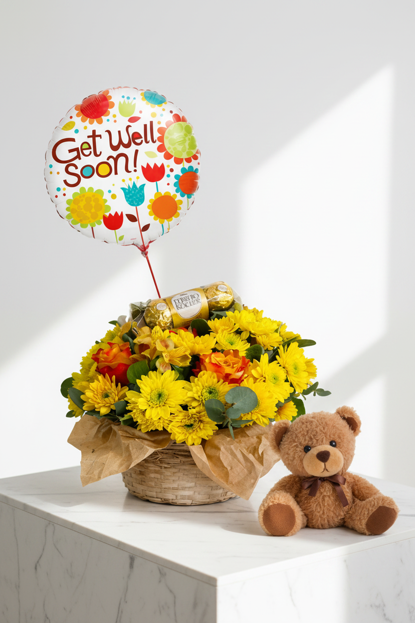 Get well soon floral arrangement from Jihaans Flower Emporium with bright sunflowers and cheerful blooms in a vibrant bouquet.
