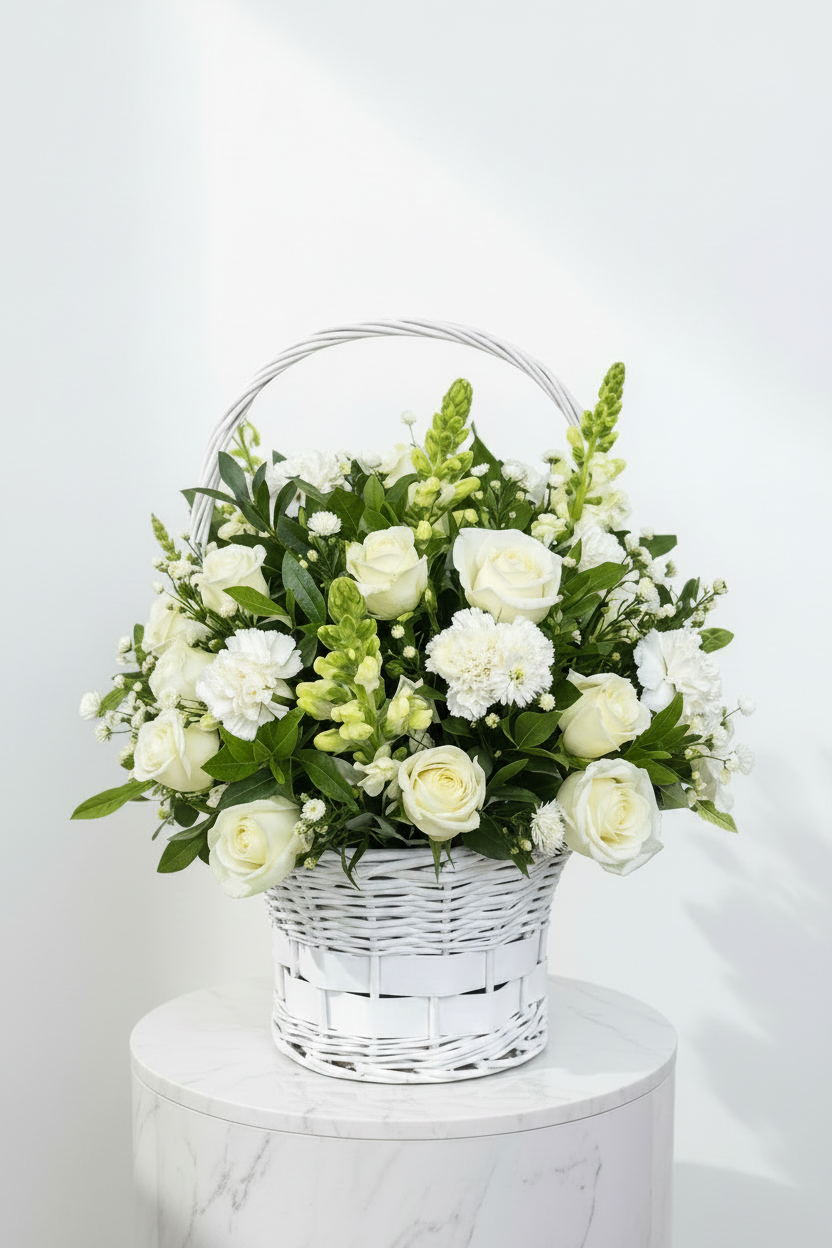 Large gift basket with fresh flowers and greenery, featuring a Pure and Graceful arrangement from My Store.