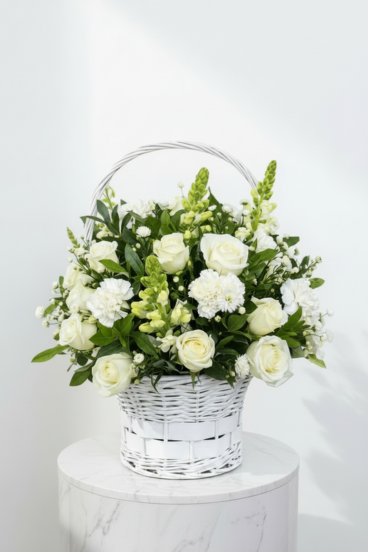 Large gift basket with fresh flowers and greenery, featuring a Pure and Graceful arrangement from My Store.
