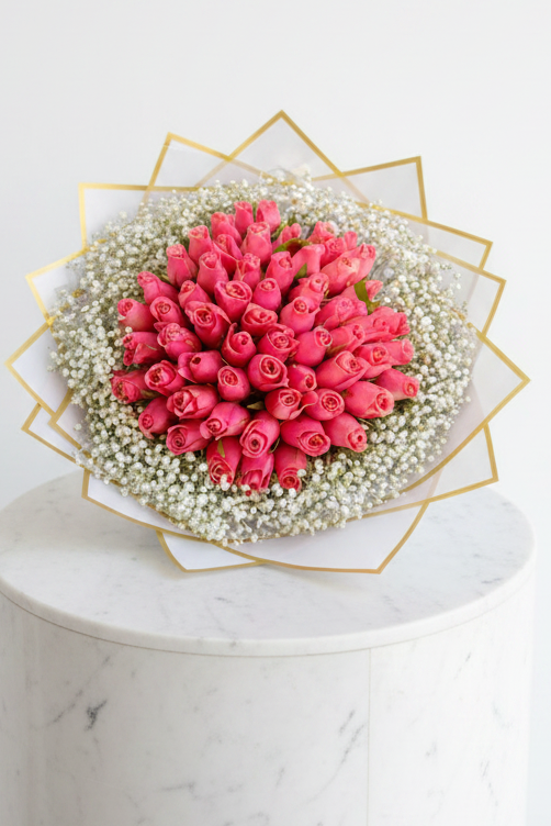 Pink roses with double baby's breath flowers, arranged in a bouquet, showcasing vibrant blooms and delicate floral accents.