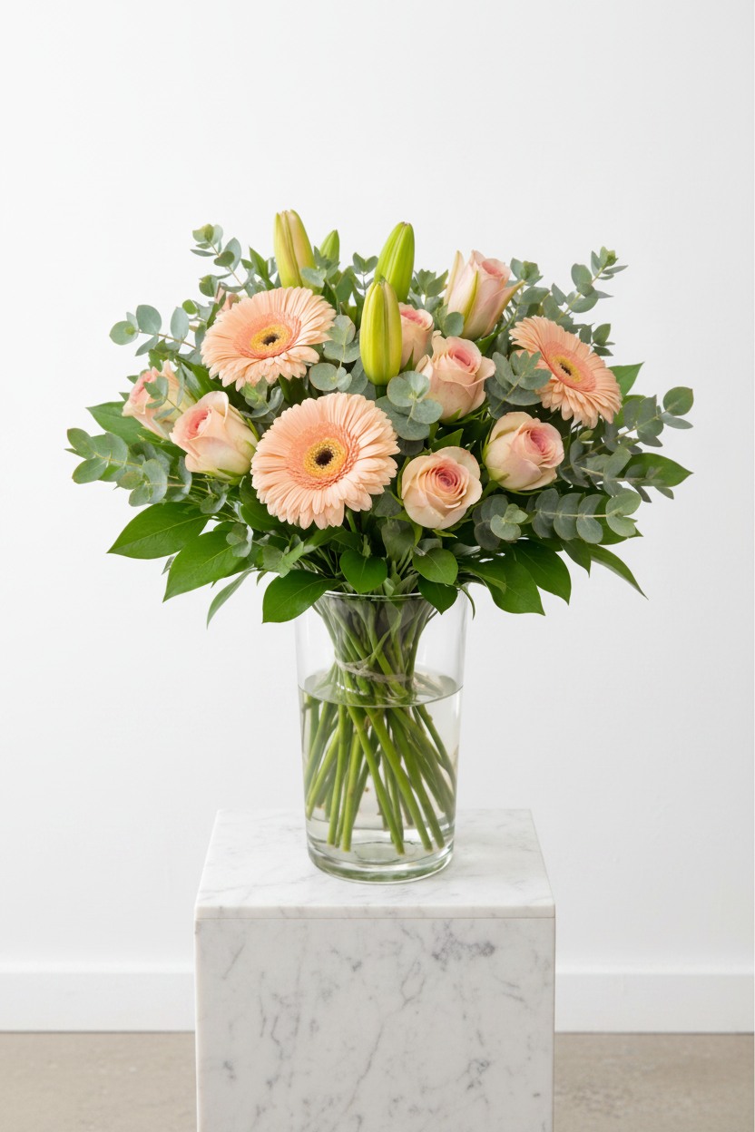 Decorative vase with pastel-colored flowers arrangement in a glass vase, showcasing a soft and elegant floral display.