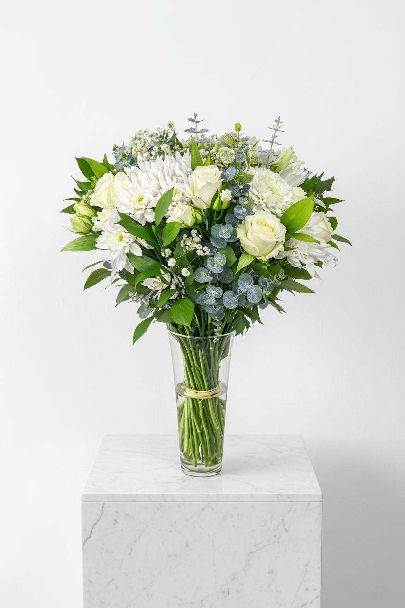 White Sympathy Flower Bunch with Vase from My Store, featuring elegant white blooms arranged in a clear glass vase.
