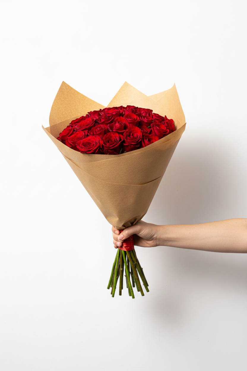 Vivid red roses arranged in a bouquet, showcasing fresh, full blooms with green leaves, ideal for romantic occasions.