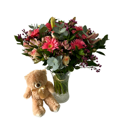 Pink Perfection Arrangement (with vase)and bear - Jihaans Flower Emporium