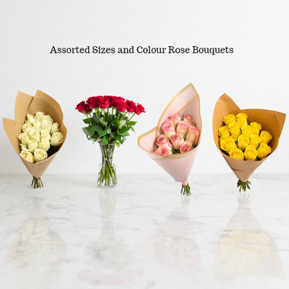 Assorted size rose bouquets featuring vibrant pink and red roses, arranged in clear glass vases, by Jihaan's Flower Emporium.