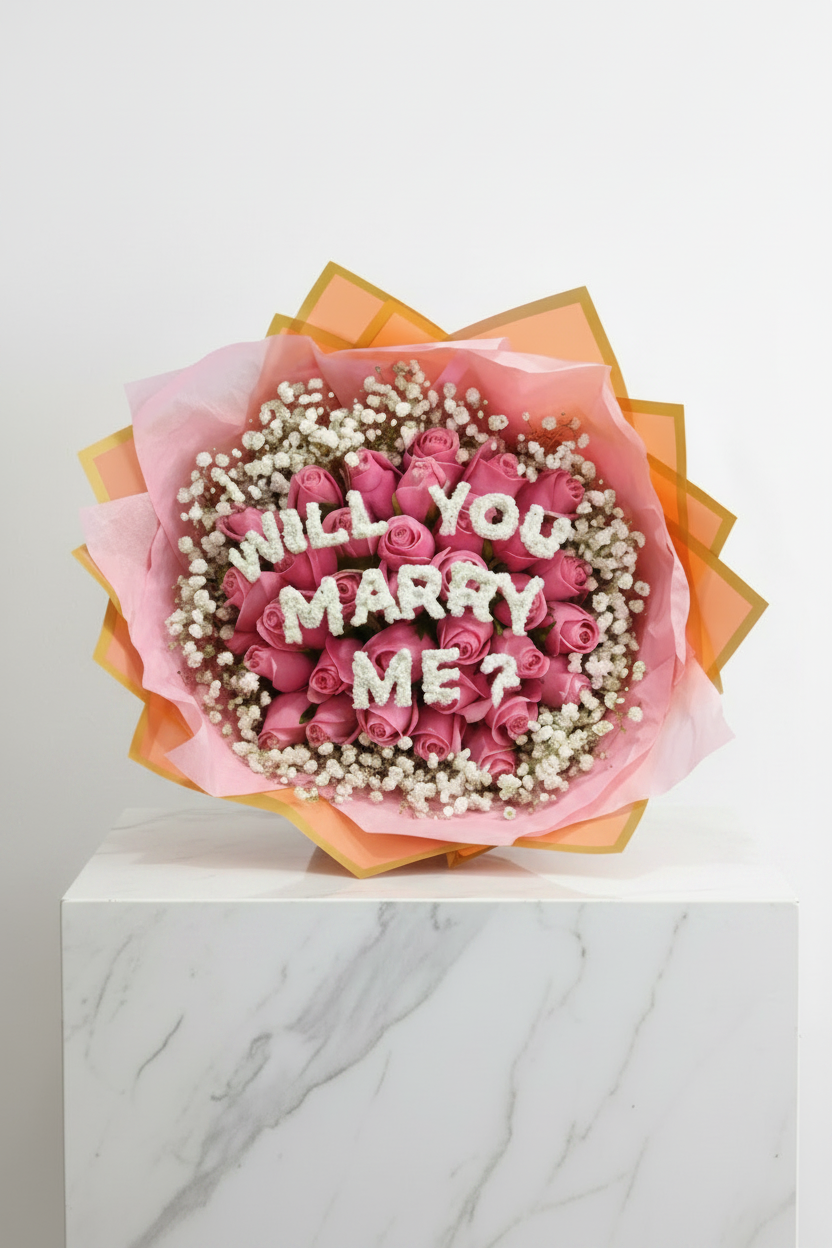 30 pink roses arranged with a "Will you Marry Me" message, perfect for romantic proposals, from My Store.