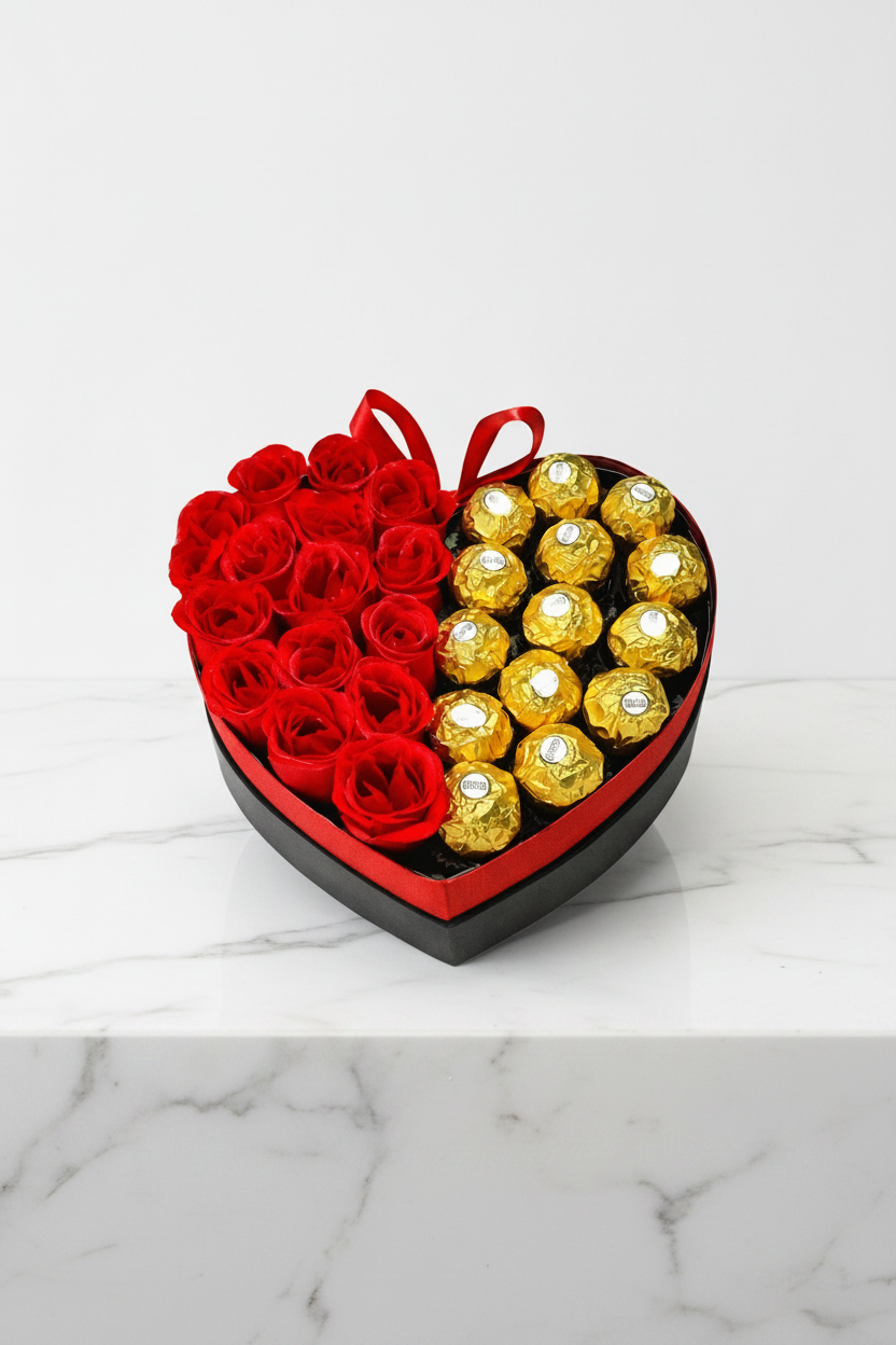Heart-shaped box with red roses and chocolates, featuring a "Heart Beat" theme, perfect for romantic gifts