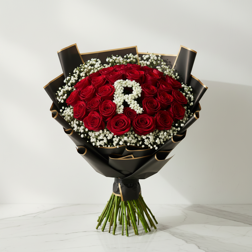 Assorted 30 stem roses with baby's breath and a personalized letter, available in various colors, by My Store.