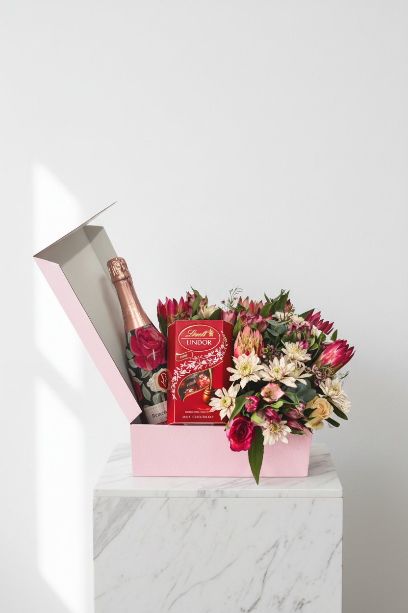 Boxed arrangement of roses, chrysanthemums, and treats, featuring colorful flowers and decorative packaging in a festive display.