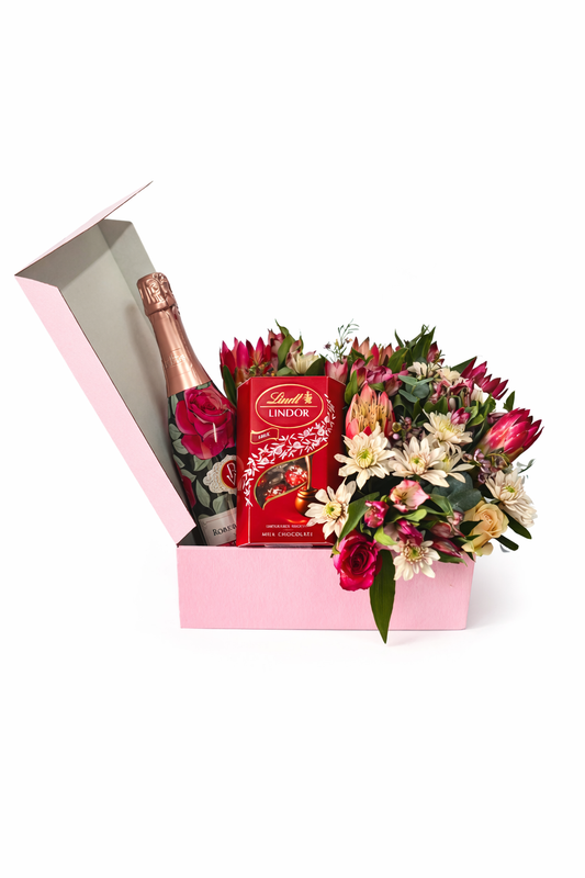 Celebrate in Style – Boxed Arrangement with Chrysanthemums, Roses & Treats - Jihaans Flower Emporium