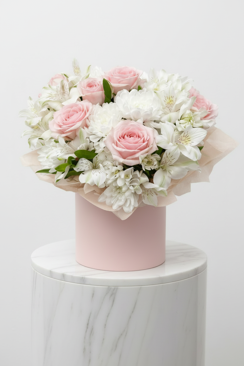 "Floral arrangement featuring colorful flowers in a vase, created by Jihaans Flower Emporium, with vibrant blossoms and lush greenery."