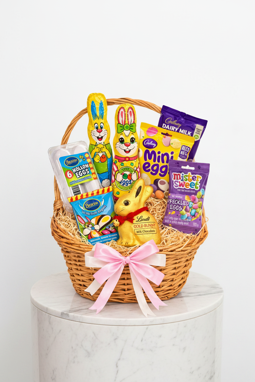 Easter sweet treat basket from Jihaans Flower Emporium with colorful candies and chocolates in a festive edible gift arrangement.