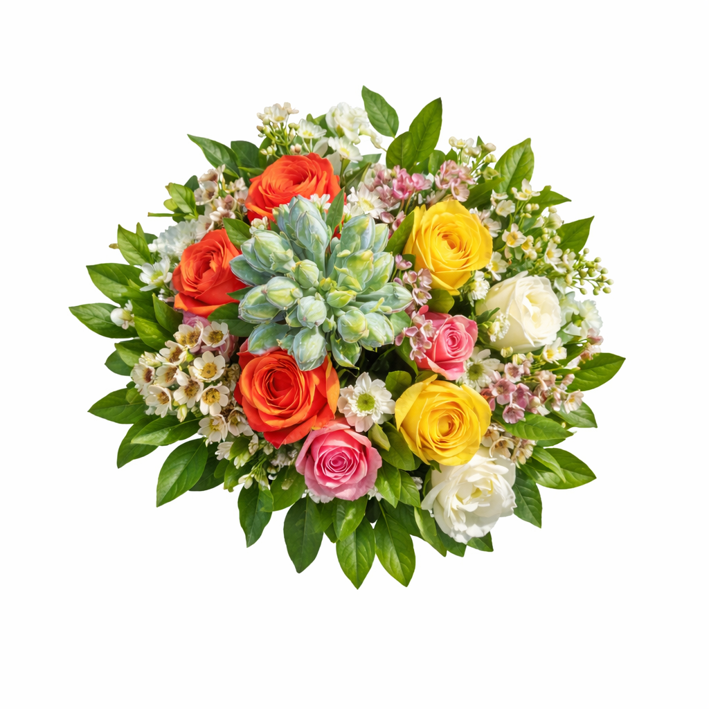 Elegant bridal bouquet with white and pastel flowers, featuring greenery accents, arranged for a spring wedding.