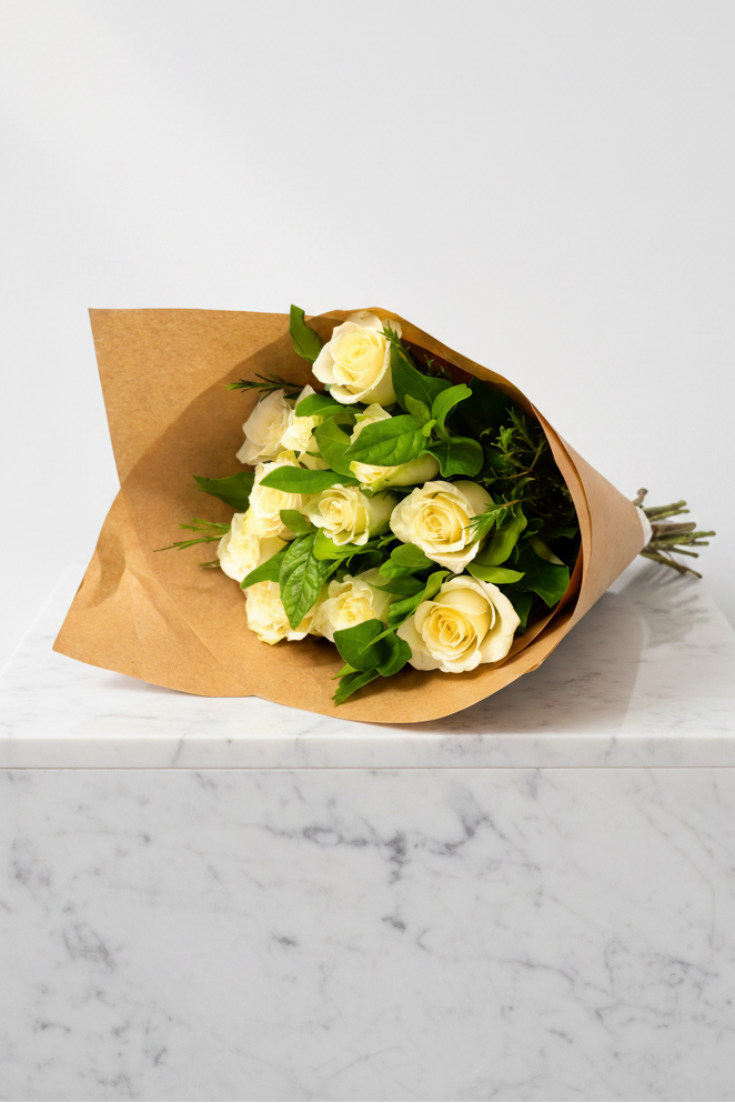 White rose arrangement featuring 12 elegant white roses, perfect for floral decor or gifting.