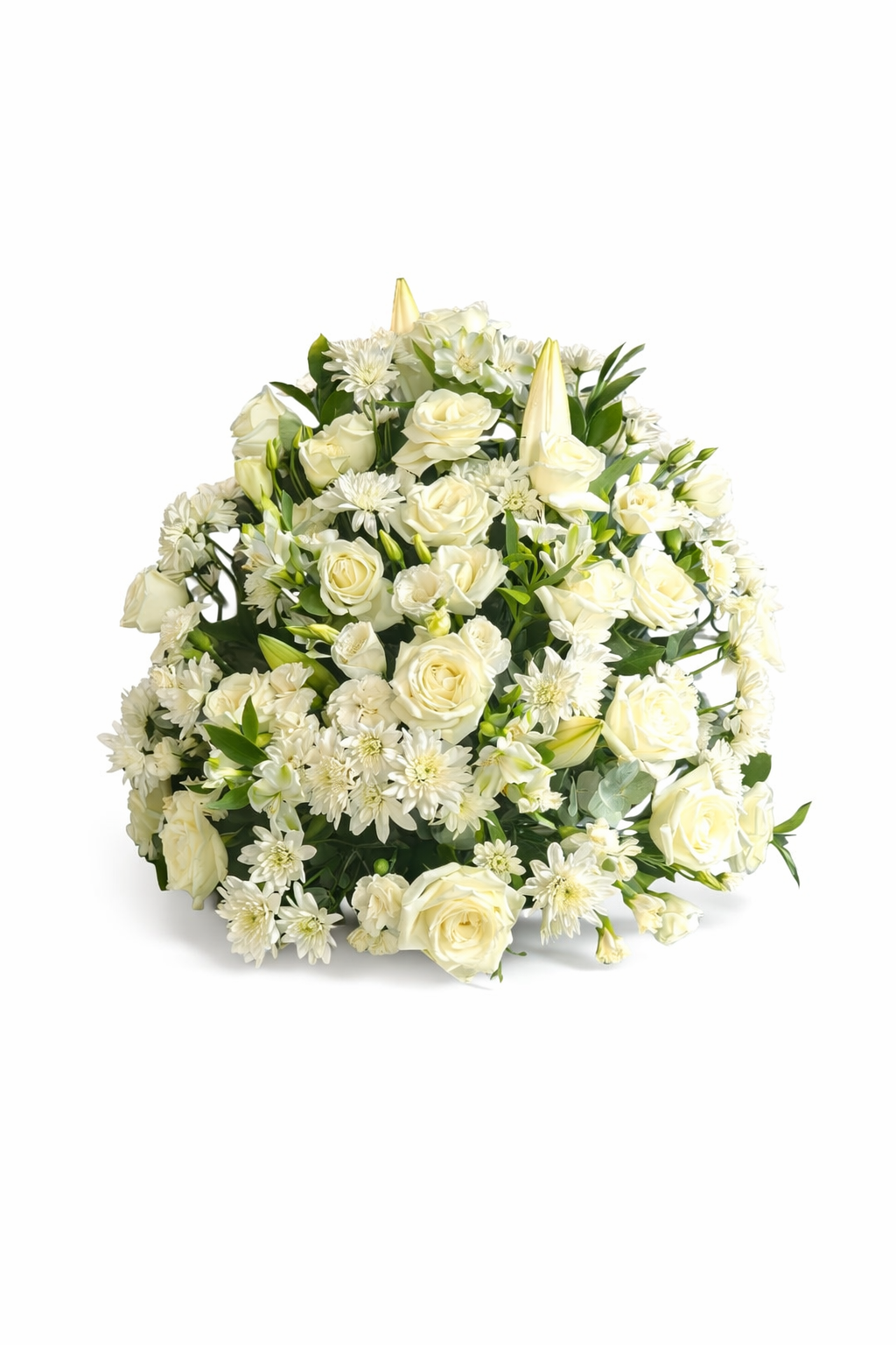 Elegant white funeral arrangement with lilies and roses for sympathy, crafted by My Store.