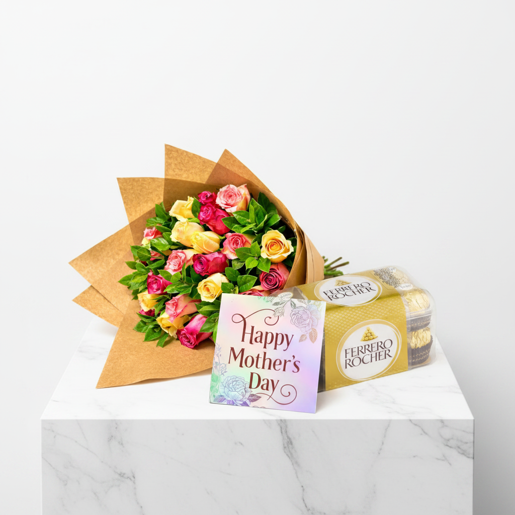 Sunset Rose Delight Mother’s Day bouquet from Jihaans Flower Emporium featuring vibrant roses and floral arrangement.