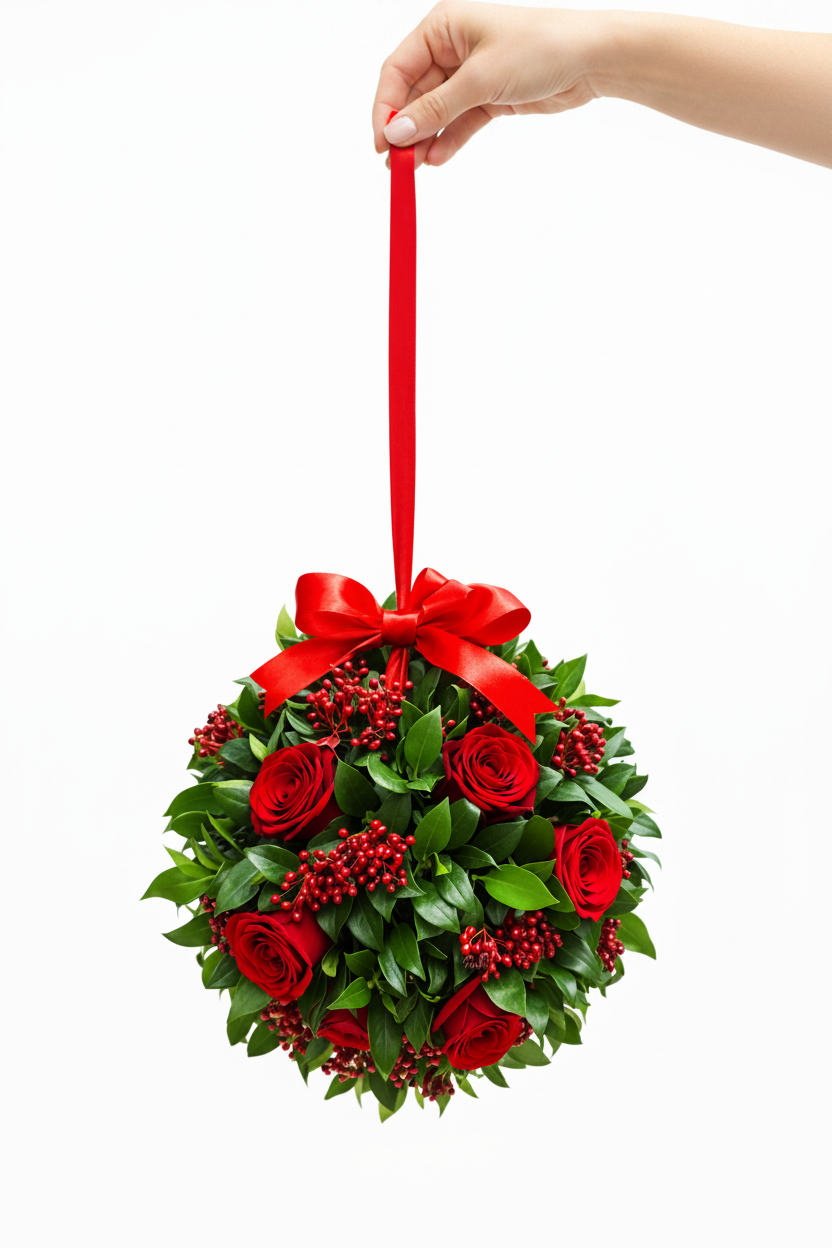 Decorative Christmas kissing ball with red and green foliage, festive ornaments, and ribbons for holiday decor.
