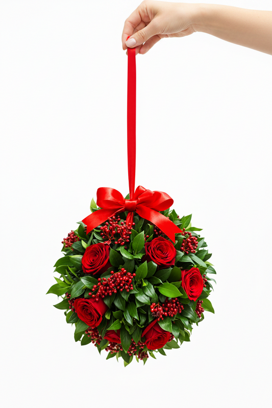 Decorative Christmas kissing ball with red and green foliage, festive ornaments, and ribbons for holiday decor.