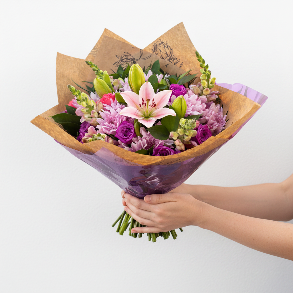 Bouquet of colorful flowers from the Petals Whisper collection, featuring vibrant blooms and lush greenery.