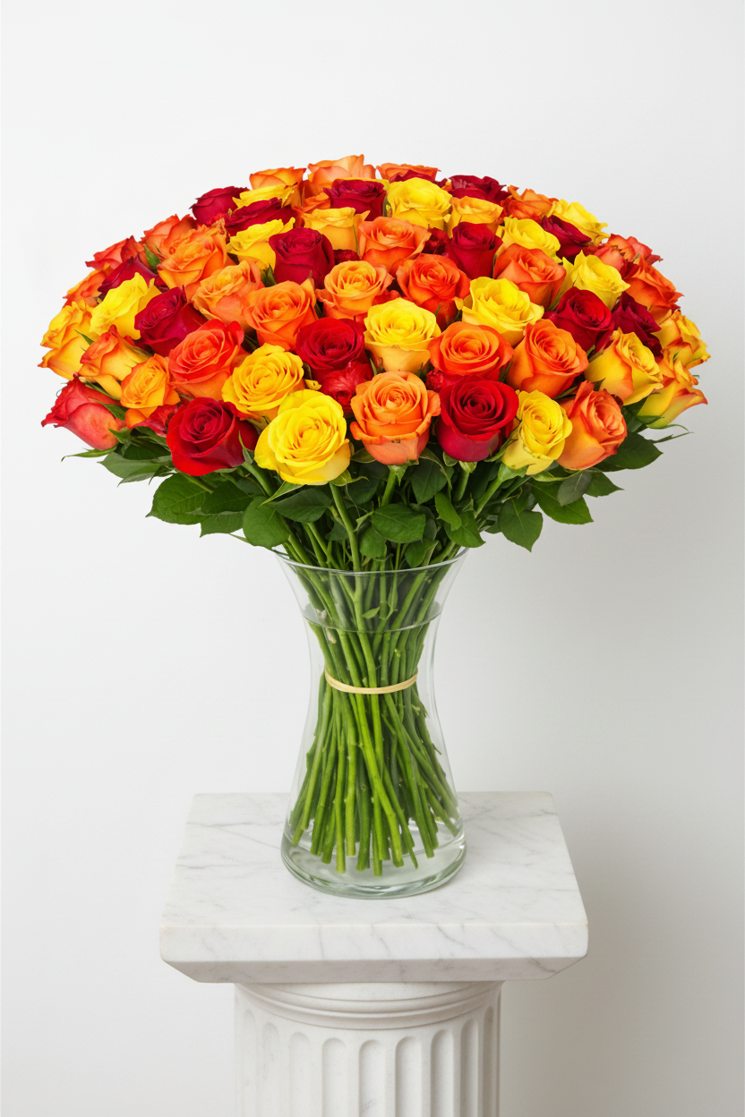 Bright roses arrangement featuring 75 vibrant roses in a colorful floral display, perfect for special occasions.