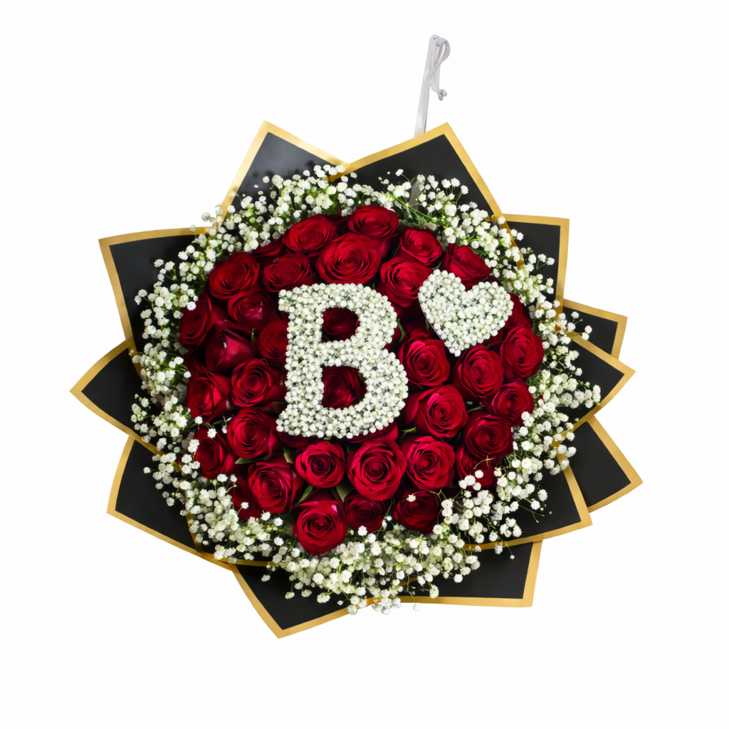 Bouquet of 40 colorful stem roses with baby's breath, featuring a letter and heart decoration, arranged in a floral display.