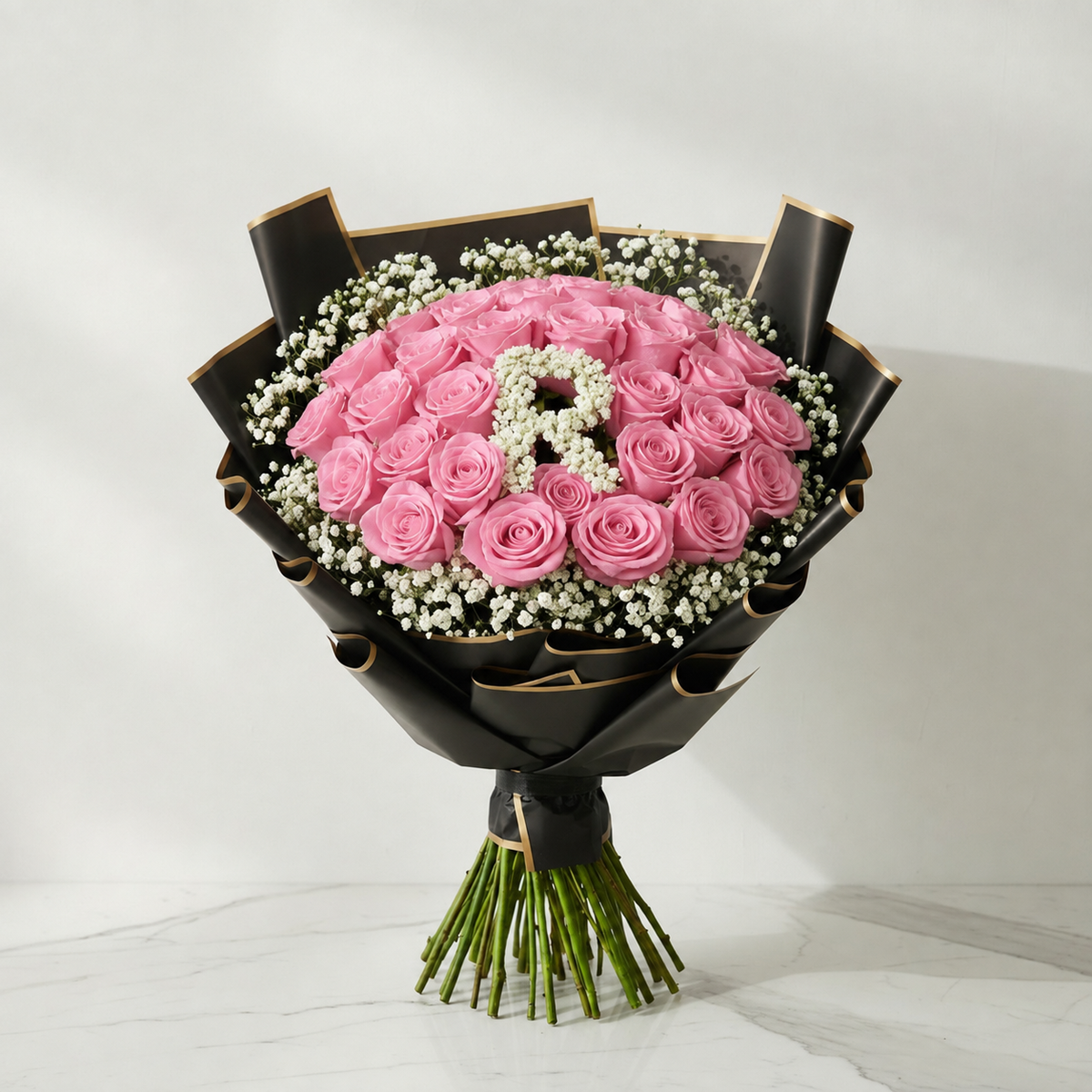30-Stem Roses with Baby's Breath, Colour of Your Choice & One Letter