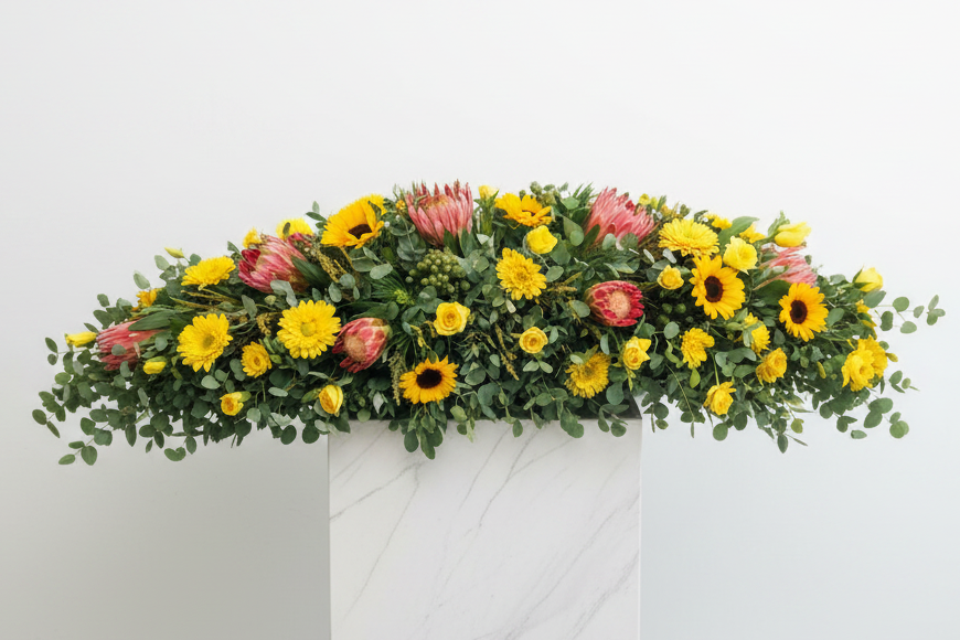 Funeral coffin spray with protea and sunflower flowers, arranged as a respectful floral tribute for memorials.