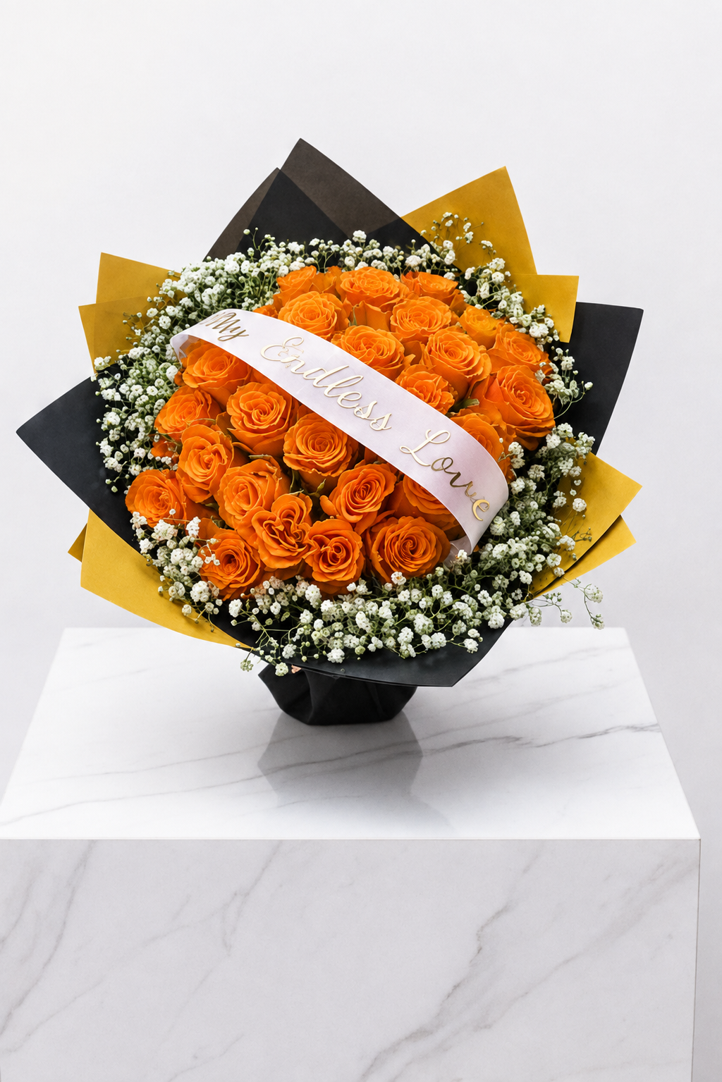30-Stem Roses with Baby's Breath & Personalised Ribbon