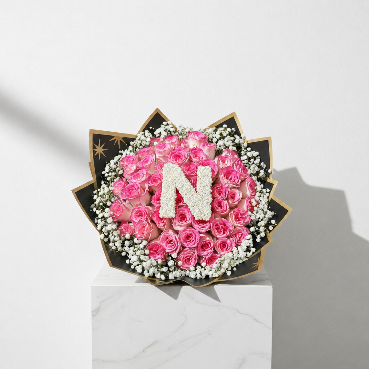 50-Stem Roses with Baby's Breath, Colour of Your Choice & One Letter