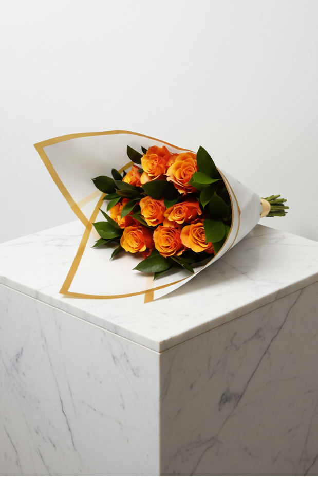 Fresh 10 stem orange roses in full bloom, showcasing vibrant petals and lush green stems, perfect for floral arrangements.