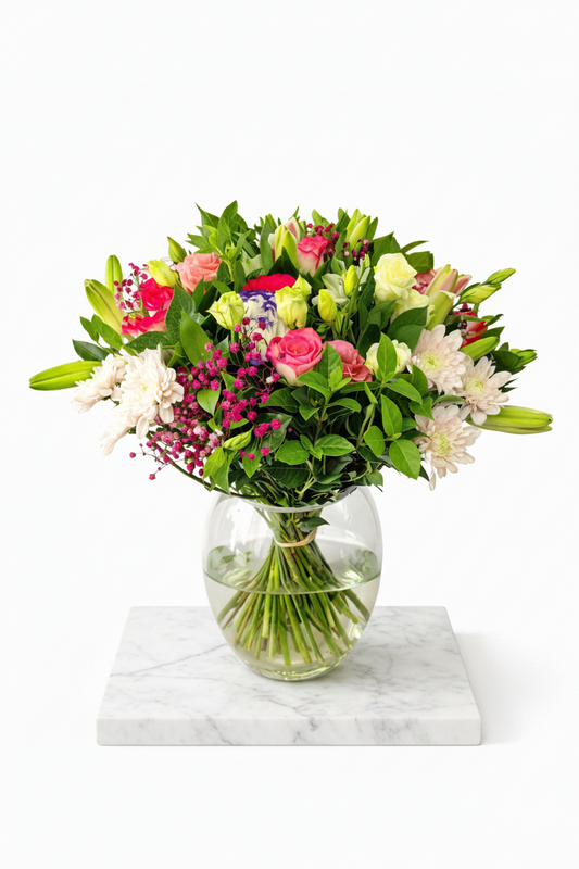 Pink petals floral arrangement in a clear glass vase, featuring a Pretty Pink Petals Arrangement by My Store.