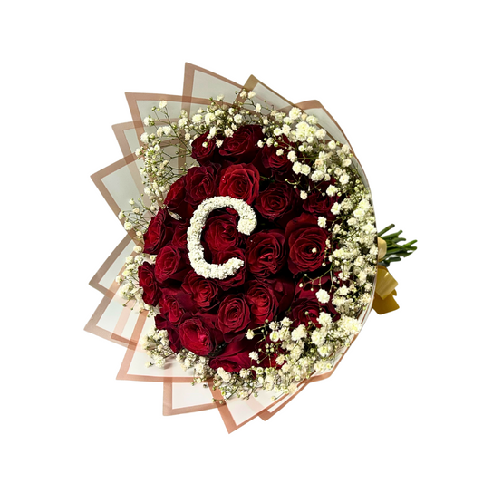 25 Stem Roses and Babies Breath  (with one Letter)  - Choose your own Colour - Jihaans Flower Emporium