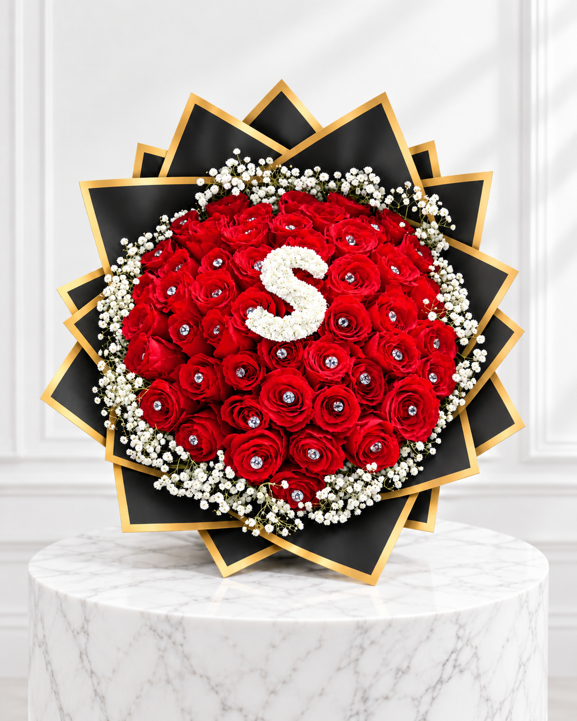 50-Stem Roses with Baby's Breath & Diamonds, Colour of Your Choice & One Letter
