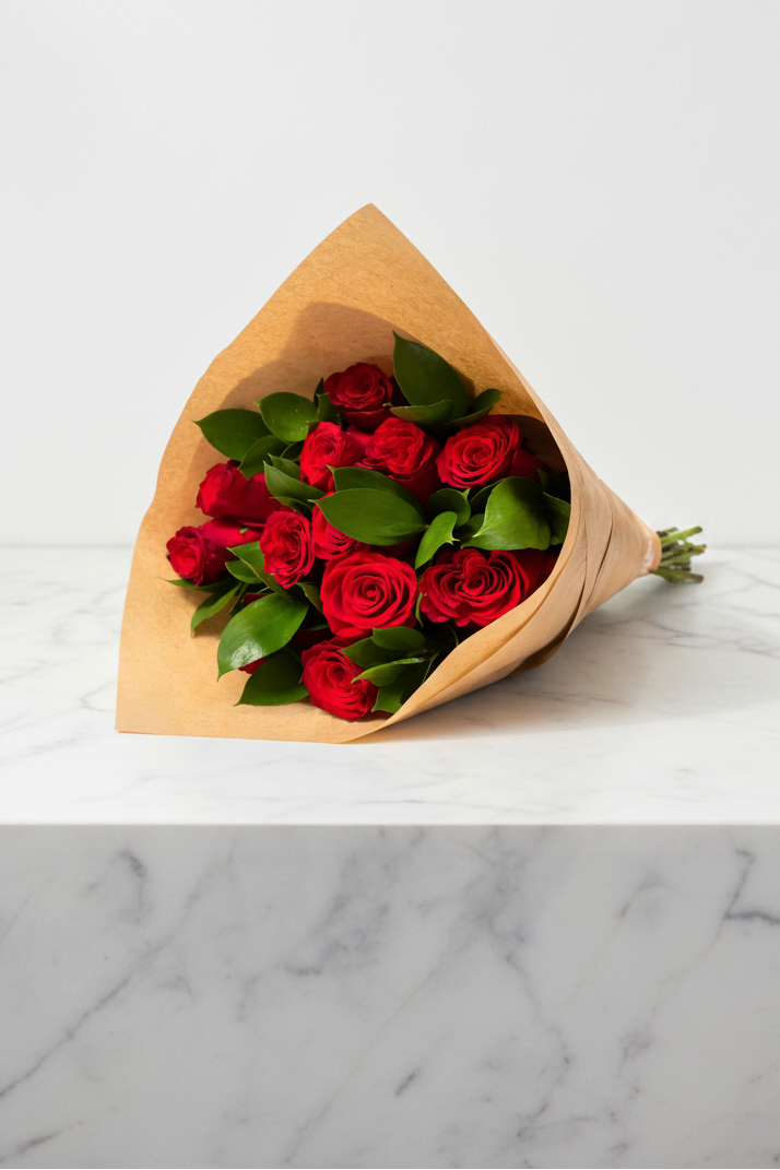 12 red roses arrangement featuring vibrant, fresh roses with lush green leaves, perfect for gifting or decoration.
