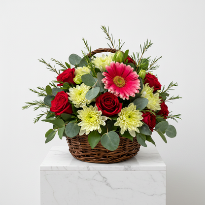 Bloom Gift Basket from My Store featuring a colorful assortment of flowers and decorative wrapping.