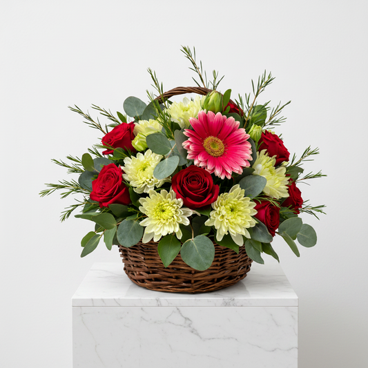 Bloom Gift Basket from My Store featuring a colorful assortment of flowers and decorative wrapping.