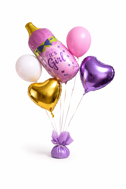 Colorful baby shower balloon set featuring a girl baby bottle design, perfect for celebrating a baby girl.