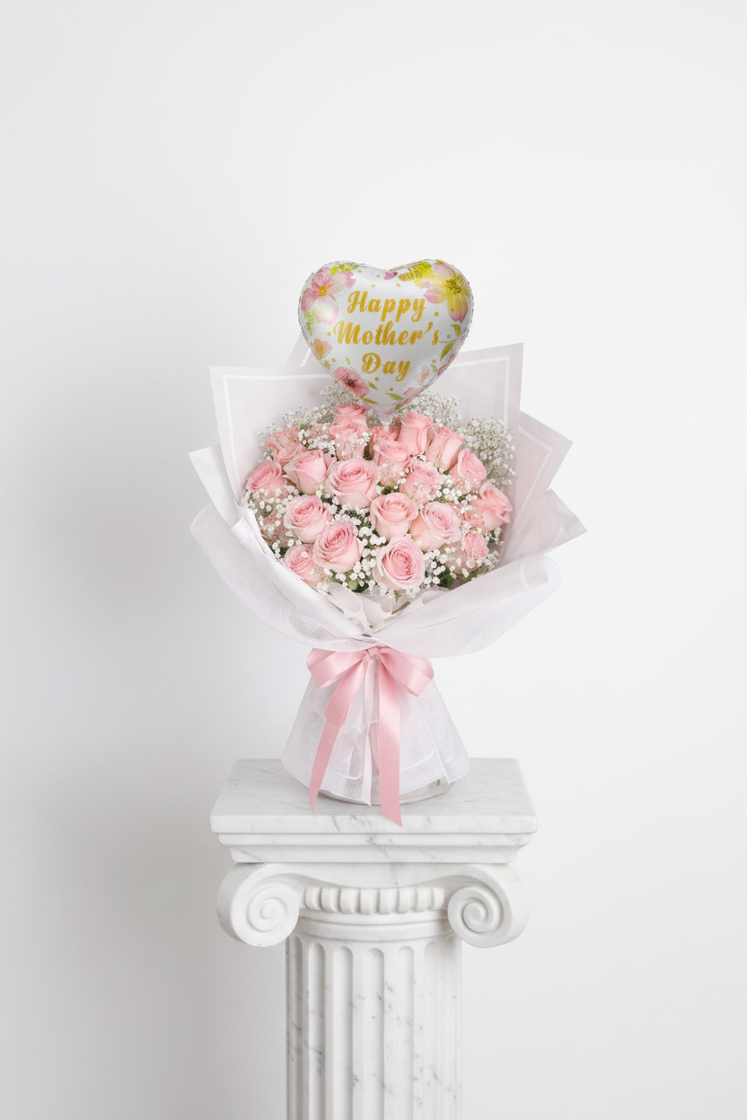 Bouquet of blush pink roses in a balloon arrangement from Jihaans Flower Emporium, perfect for Mother’s Day celebrations.