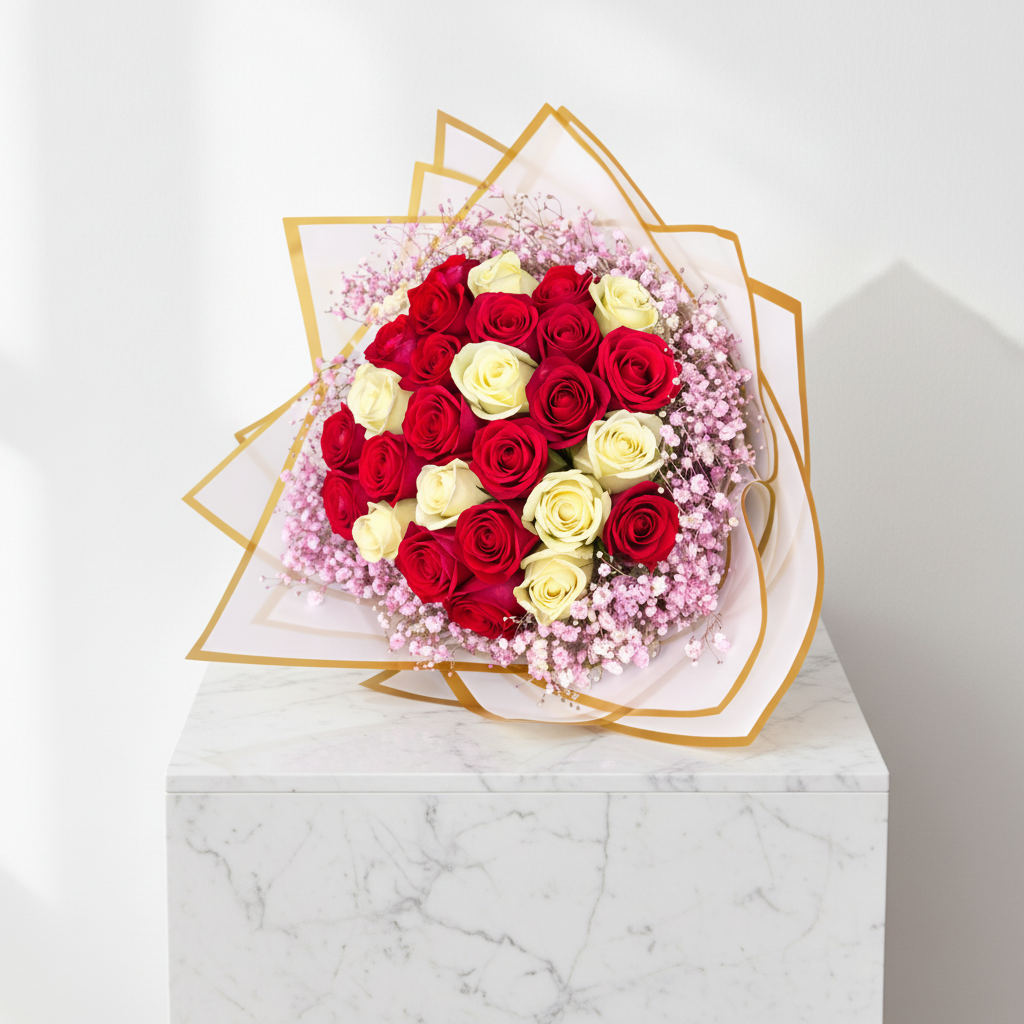 Elegant Rose Symphony Bouquet with pink and white roses arranged in a lush floral display.