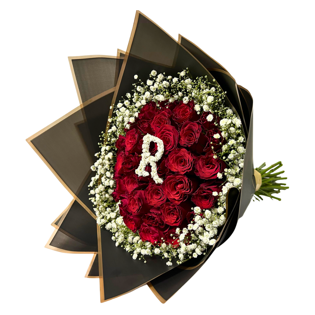 25 Stem Roses and Babies Breath  (with one Letter)  - Choose your own Colour - Jihaans Flower Emporium