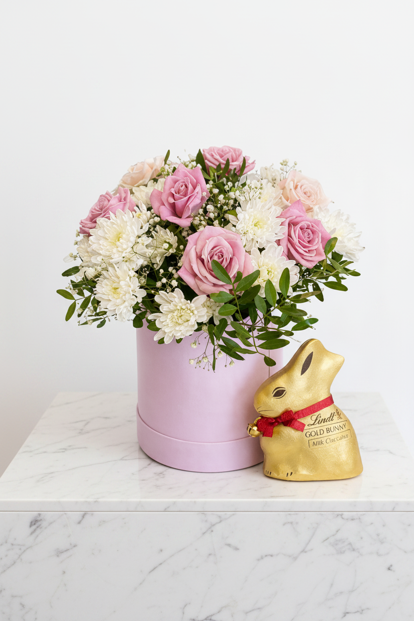 Golden Easter Bloom Box from Jihaans Flower Emporium featuring a vibrant floral gift box with colorful spring flowers.