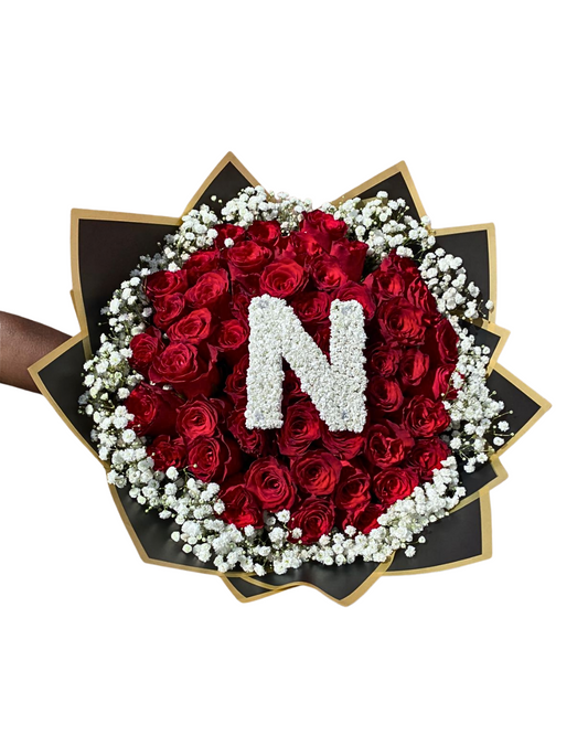 50 Stem Roses and Babies Breath  (with one Letter)  - Choose your own Colour - Jihaans Flower Emporium