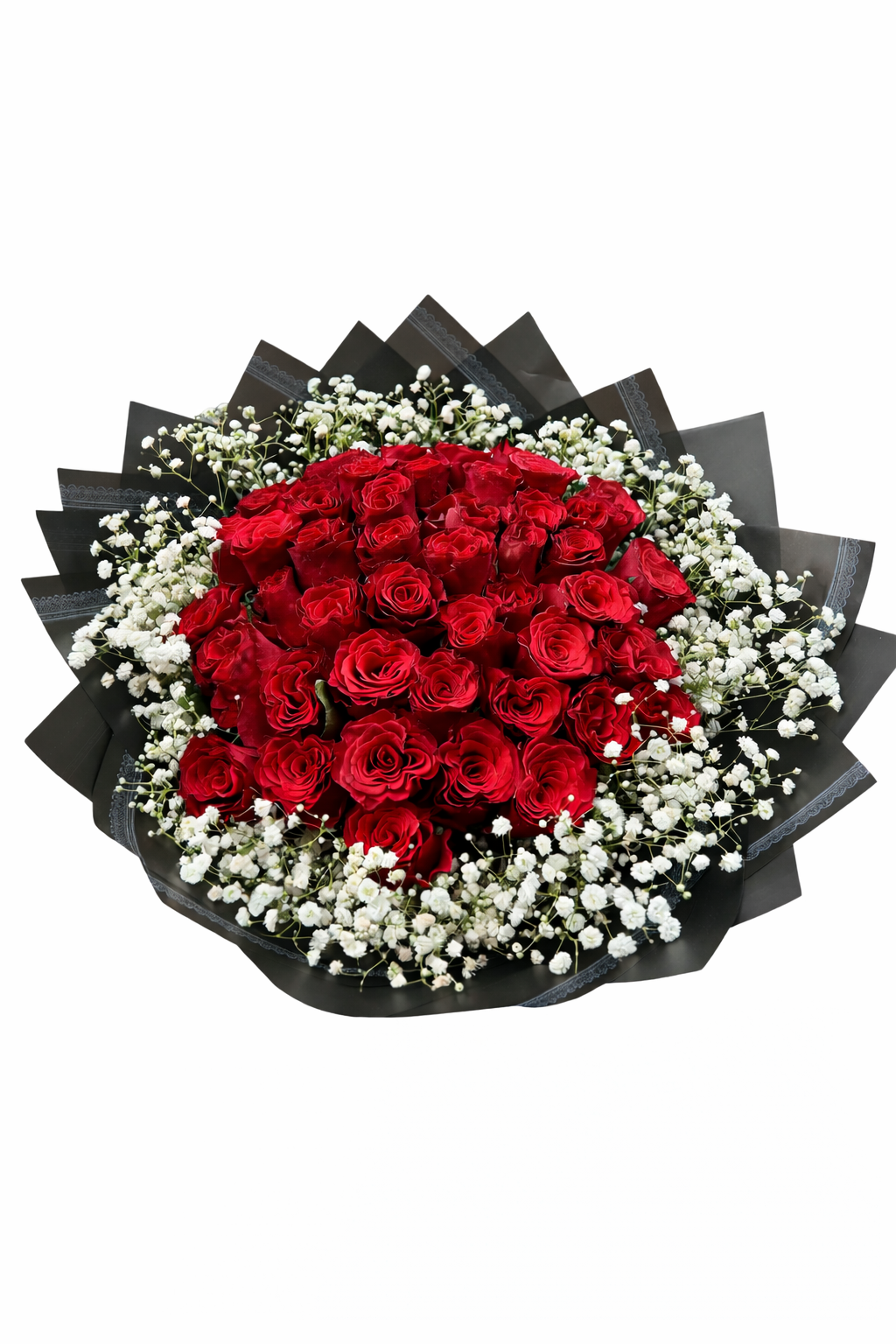 Red roses with 40 stems and accents of baby's breath, arranged in a bouquet from My Store.